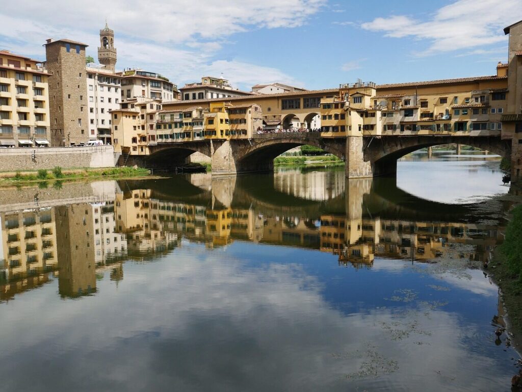 florence, ponte vecchio, tuscany, arno, firenze, italian culture, italy, reflection, bridge, landscape, medieval, gold, tourism, historical building, history